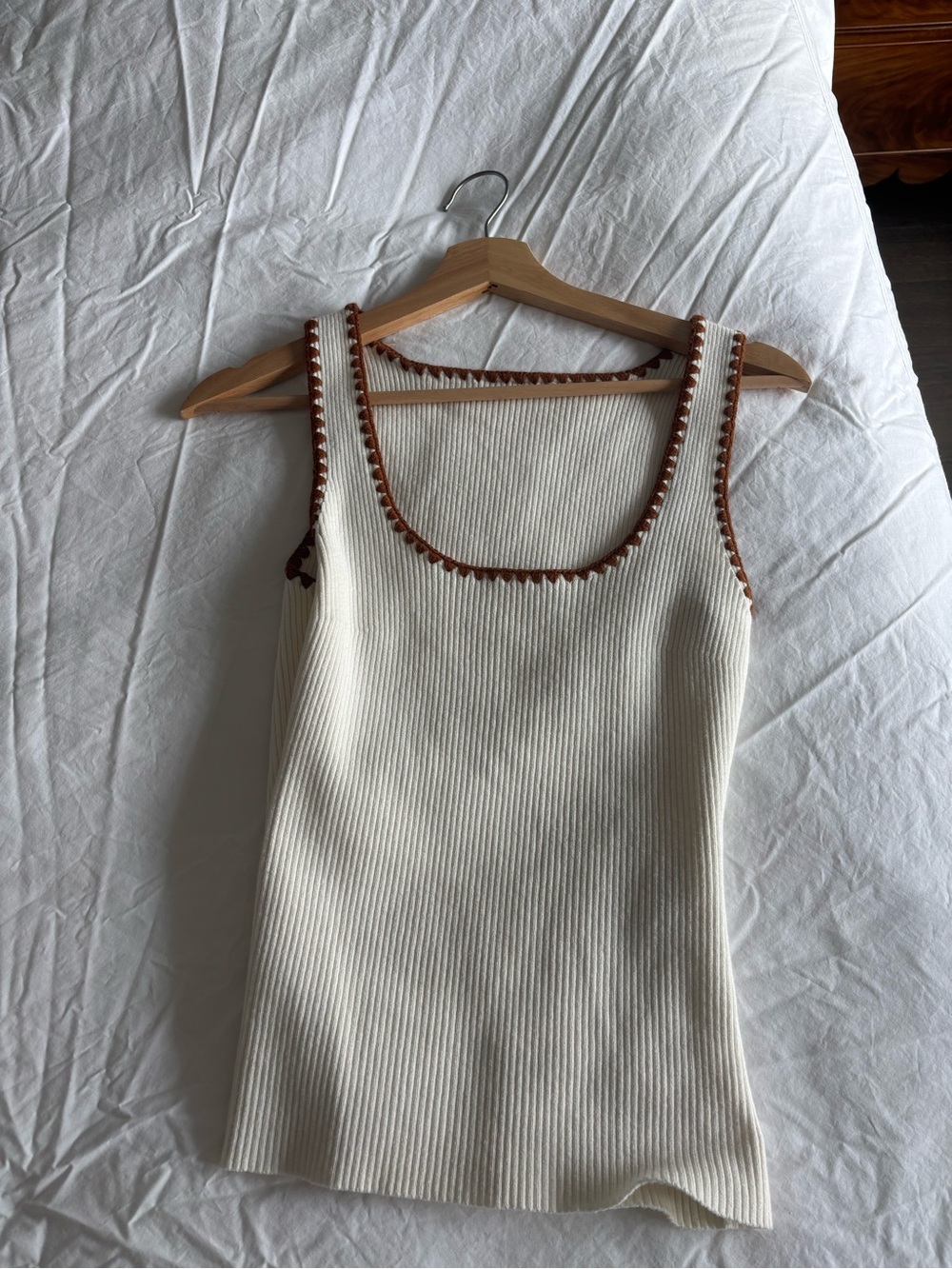 SEZANE Cream Ribbed Tank Top with Brown Trim